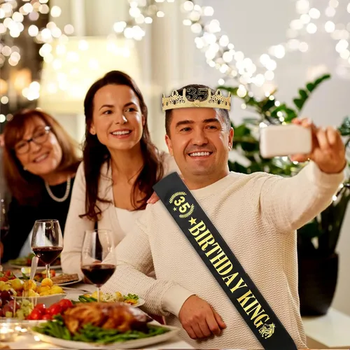 Vista 3 de Gorro, corona y banda de rey para cumpleaños 35, disfraz real para hombre, decoración de fiesta de cumpleaños número 35