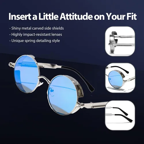 Vista 4 de Technigadgets Jacob Steampunk Sunglasses Retro Round Gothic Metal Frame UV Protection Circle Shades For Men Women