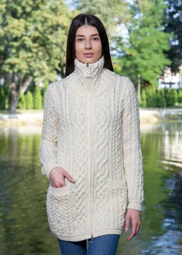 Vista 6 de SAOL Cárdigan irlandés con cremallera Aran para mujer, abrigo de 100% lana merina, con bolsillos y cuello elevado