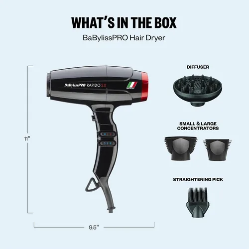 Vista 7 de Secador de pelo de alta velocidad BaBylissPRO 2000W Brushless Motor for All Hair Types, Engineered Airflow for Frizz-Free Results, Black, BRAP2
