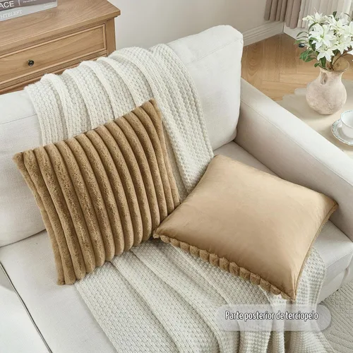 Vista 4 de FUTEI Pack of 2 Faux Fur Throw Pillow Covers 18x18 Inch, Camel