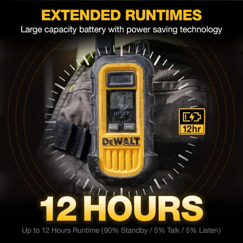 Vista 5 de DEWALT DXFRS300 FRS Walkie Talkies, radio de 2 vías de largo alcance, 1W, IP67 impermeable, paquete de 6 con 6 auriculares, cargador de banda