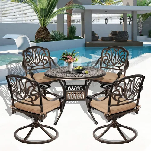 Vista 7 de TITIMO Juego de comedor, muebles de exterior, 5 piezas, para todo tipo de clima, aluminio fundido Caqui