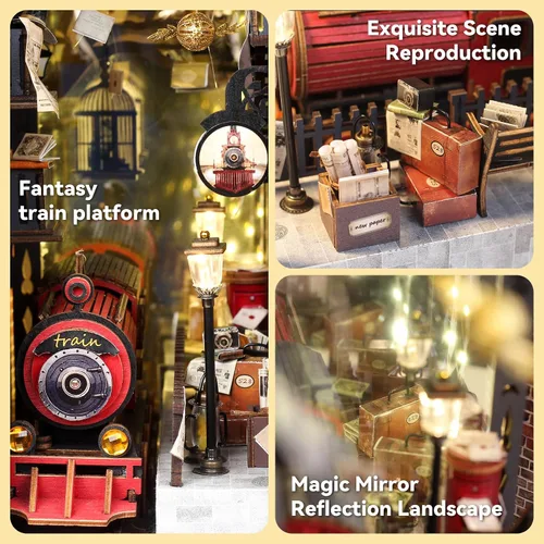 Vista 5 de suruim DIY Book Nook Kit Bookend Puzzle Miniature Nook Library Bookshelf Insert Bookends Decoration Books Ornaments Gifts for Adults (Train Station)