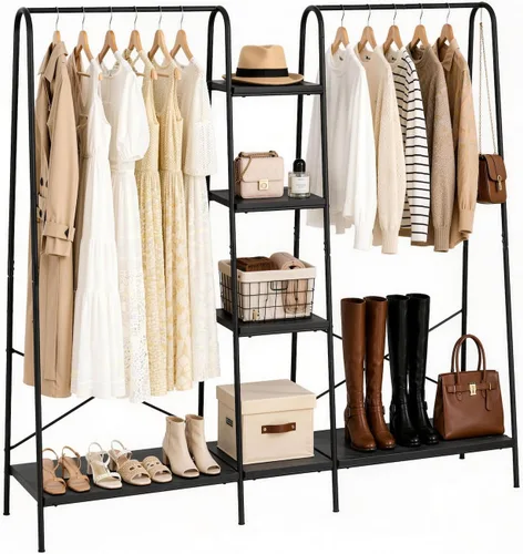 Vista 13 de Finnhomy Rustic Clothes Rack, Clothing Rack for Hanging Clothes Heavy Duty Garment Rack with 5 Wood Shelves Freestanding Portable Closet Organizer