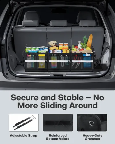Vista 6 de HOTOR Organizador de maletero para SUV – Caja de almacenamiento de coche con tiras reflectantes, organizador plegable de coche con gran capacidad