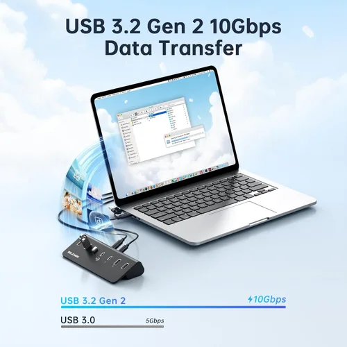 Vista 2 de Hub USB alimentado de 7 puertos, divisor USB de datos de alta velocidad de 10 Gbps (4 puertos USB-A y 3 puertos USB-C), concentrador de aluminio