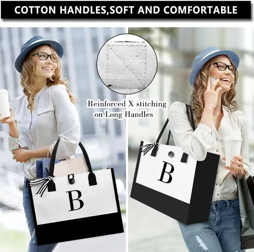 Vista 4 de Bolsa de playa de lona para mujer, bolsa grande de lona personalizada con bolsillo con cremallera, regalos para amigos, novia, despedida de soltera