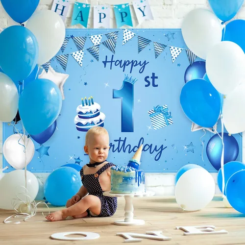 Vista 3 de Cartel de fondo de feliz primer cumpleaños azul para recién nacidos, fondo de fotografía para primer cumpleaños, suministros de decoración de fiesta