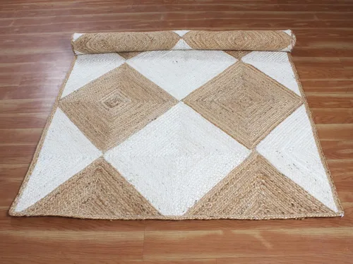 Vista 9 de Collection - Alfombra de pasillo de 2.6 x 4 pies, alfombra trenzada de yute blanca y beige, alfombra geométrica kilim para interiores y exteriores