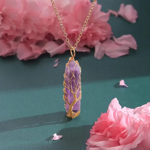 Vista 4 de VIBILIA - Collar con dije sanador para mujeres y hombres, piedra natural hexagonal en punta envuelta con alambre en forma del árbol de la vida