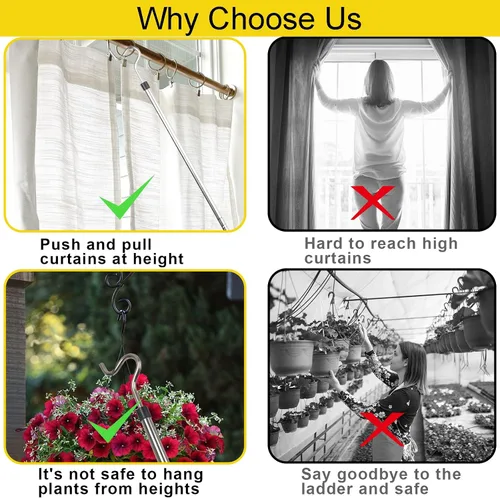 Vista 5 de Poste de gancho para ropa, gancho de alto alcance para colgar ropa, luz y plantas extensibles de 35 a 50 pulgadas, hecho de tubo de acero inoxidable