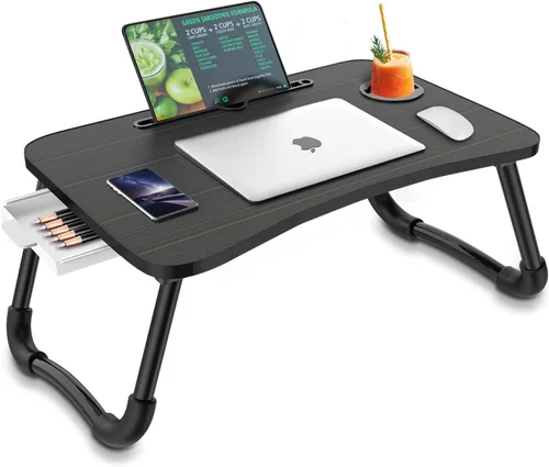 Vista 8 de Zapuno Mesa de cama plegable para laptop, mesa multifunción con cajón de almacenamiento y soporte para botella de agua, bandeja de servir mesa