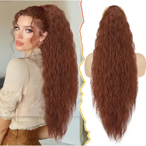 Vista 8 de BARSDAR Extensión de cola de caballo rizada ondulada con cordón negro marrón – 22 pulgadas de extensión de cabello sintético con peine de clip