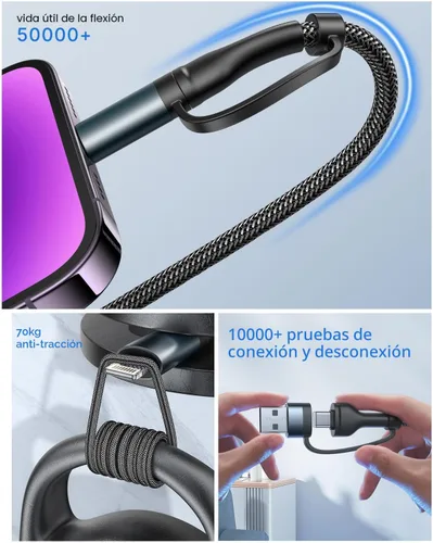 Vista 6 de Cable de carga 4 en 1, adaptador USB C Lightning USB C a USB C 60W PD [carga rápida y sincronización de datos] Cargador múltiple 4 en 1 para iPhone