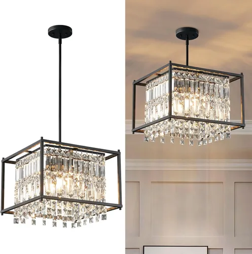Vista 9 de LMQNINE Modernas lámparas colgantes negras para isla de cocina, lámpara de araña de cristal, iluminación colgante ajustable de granja para comedor