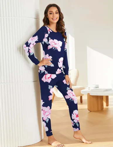 Vista 4 de Ekouaer Conjunto de ropa interior térmica de maternidad y lactancia, conjunto de pantalones largos de punto a rayas, capa base superior e inferior