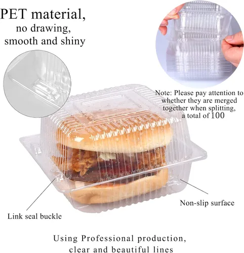 Vista 3 de 100 unidades de 5 x 5 pulgadas Clamshell bandeja para llevar recipientes de plástico con bisagras para alimentos, caja de comida desechable
