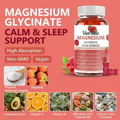Vista 6 de Glicinato de magnesio 400 mg Gomitas, complejo de magnesio de alta absorción para mujeres, niños, adultos, ayuda para dormir, calma, relajación