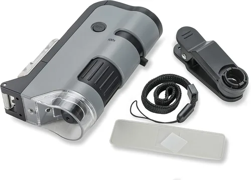 Vista 2 de Carson MicroFlip 100x-250x - Microscopio de bolsillo con luz LED y UV con base deslizante abatible y adaptador con aplicación CarsonCam