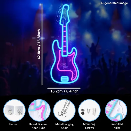 Vista 3 de CoolGift Mart Letrero de neón de guitarra bajo, luz LED regulable de guitarra bajo para decoración de habitación con alimentación USB, decoraciones