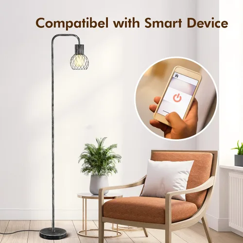 Vista 8 de Lámpara de pie industrial, lámpara de pie plateada antigua moderna con bombilla LED de 6 W, interruptor de pie, lámparas altas de metal para sala