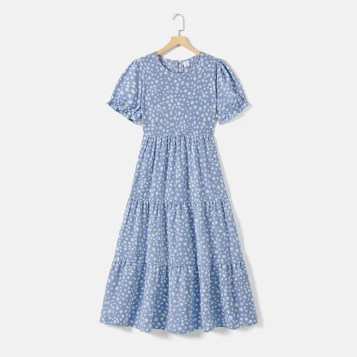 Vista 3 de IFFEI Vestidos de verano para mamá y yo, estilo bohemio, a juego, con volantes, manga abombada, cintura alta, vestido largo por debajo