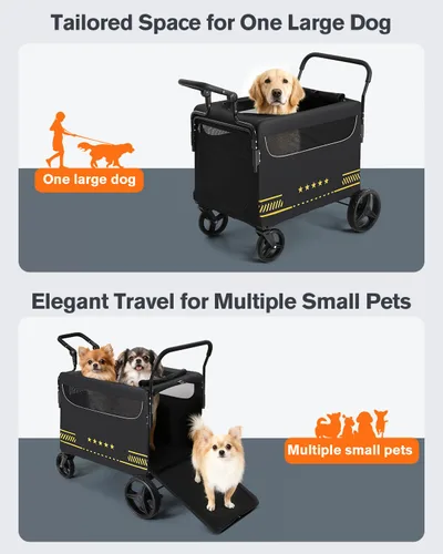 Vista 3 de Cochecito para mascotas todo terreno para perros medianos y grandes con rampa, cochecito plegable para perros con frenos, 3 entradas, asas