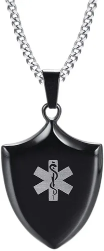 Vista 7 de LiFashion LF - Collar con colgante de acero inoxidable personalizado ICE SOS para hombre, grabado gratuito para hombre, de alerta médica, escudo
