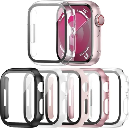 Vista 18 de Paquete de 14 fundas para Apple Watch Series 3 2 1 de 38 mm con protector de pantalla de vidrio templado, funda protectora totalmente rígida