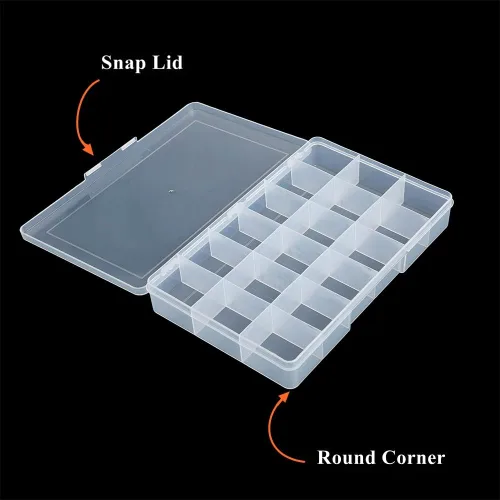 Vista 3 de Paquete de 2 cajas fijas de plástico transparente con compartimento de 18 rejillas, organizador transparente con tapa para cuentas, botón, hardware