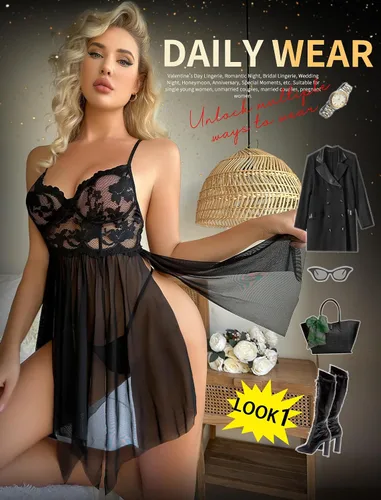 Vista 3 de ADSEXY Sexy Babydoll Lingerie for Women Lace Mesh Chemise Side Slit Nightgown V Neck Sleepwear Plus