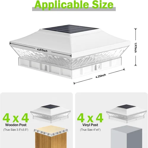 Vista 2 de Brightever Luces solares para postes de 3.5 x 3.5 pulgadas, 4 x 4 pulgadas, paquete de 6 luces solares para postes de madera/vinilo, 2 modos Blanco