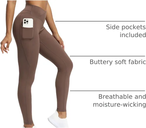 Vista 138 de Aoxjox Trinity - Pantalones de yoga de cintura alta con bolsillos para mujer, control de abdomen, cintura cruzada, leggings de entrenamiento suaves