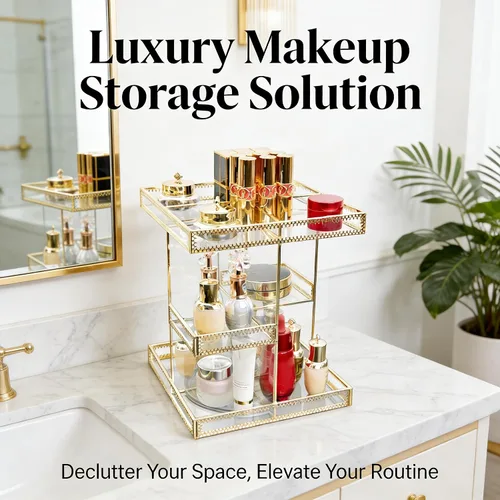 Vista 3 de Organizador de cosméticos de vidrio dorado de 3 niveles con rotación de 360 grados, bandeja de perfume giratoria de alta calidad, exhibición