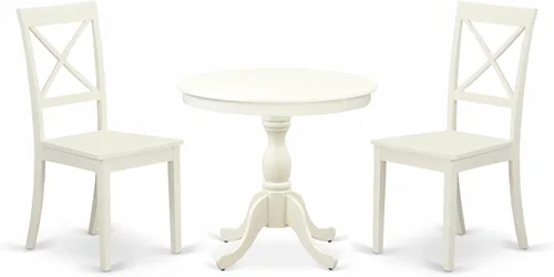 Vista 19 de East West Furniture AMBO3-BCH-W Juego de mesa y sillas de cocina de 3 piezas contiene una mesa de comedor redonda con pedestal y 2 sillas de asiento