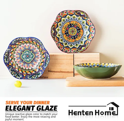 Vista 6 de Henten Home Juego de 4 cuencos de cerámica para ensalada de 20 onzas, coloridos cuencos para aperitivos, estilo bohemio, aptos para helados, frutas