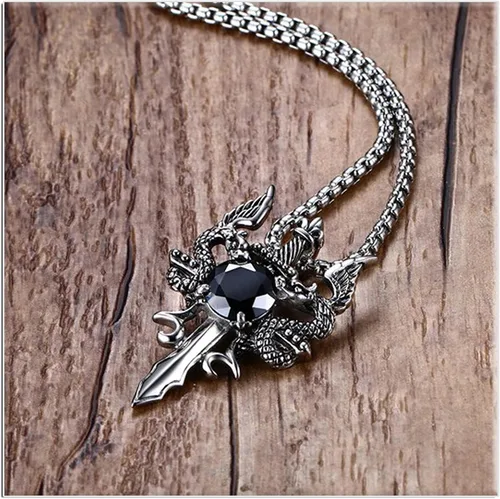 Vista 4 de Xusamss Collar de espada con colgante de cristal de dragón de acero de titanio punk, cadena de eslabones de 24 pulgadas