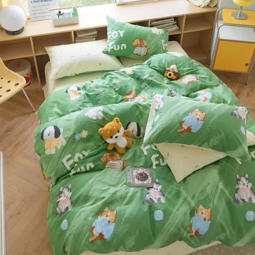 Vista 4 de LIWHENHAO Juego de funda de edredón para perro, tamaño individual, 100% algodón, ropa de cama de dibujos animados de cachorros husky en verde, 1