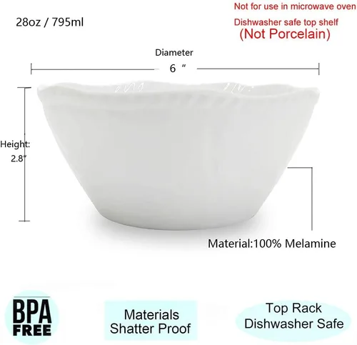 Vista 2 de KX-WARE Vajilla de melamina, cuenco de 6 piezas y plato de 6 piezas, color blanco