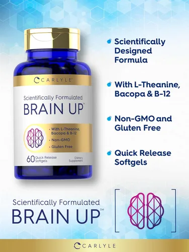 Vista 4 de Carlyle Brain Up Suplemento 60 cápsulas blandas con L-teanina, Bacopa y B-12 Sin OMG, sin gluten