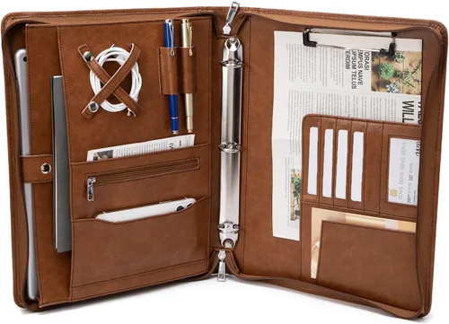 Vista 12 de Carpeta de 3 anillos de cuero vegano con portapapeles, mango oculto, 8.5 x 11 pulgadas con cremallera, organizador de negocios, folio ejecutivo Negro