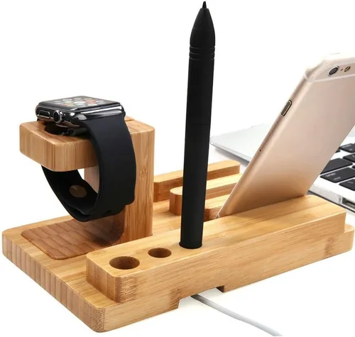 Vista 7 de Estación de carga de escritorio multidispositivo de madera de bambú Soporte de carga para iPhone 16 15 14 13 12 11 Pro Max iWatch 2 3 4 5 compatible