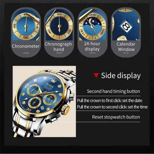 Vista 4 de Taxau Mens Watch Silver Gold Stainless Steel Watches for Men with Day Date Moon Phase Diamond Waterproof Analog Dress Men's Chronograph Wrist