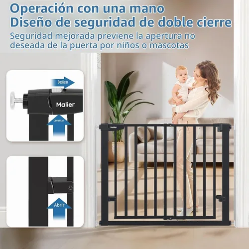 Vista 6 de Malier Puerta de bebé para escaleras con puerta grande para pasar, 29-38 pulgadas, puerta para perro montada a presión sin taladro, puerta