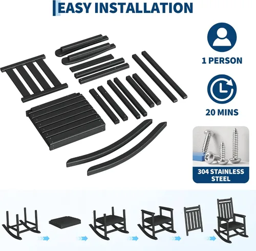 Vista 6 de Juego de 2 mecedoras de HDPE para exteriores con mesa auxiliar, balancín de Negro