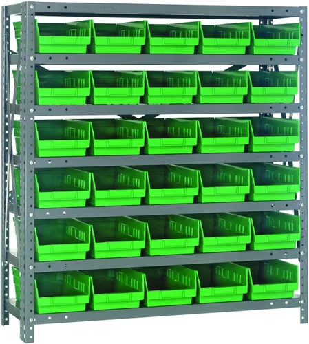 Vista 2 de Quantum QSBU-245BK Heavy Duty Shelving Unit with (7) Shelves and (24) QUS245 Black Bins for Garage Warehouse Storage Distribution 400 lb Load