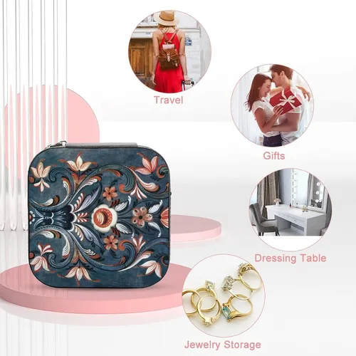 Vista 4 de Caja de joyería de viaje estilo folclórico noruego, caja de piel sintética, organizador de collares, regalo para mujeres y niñas, 4 x 4 x 2.2