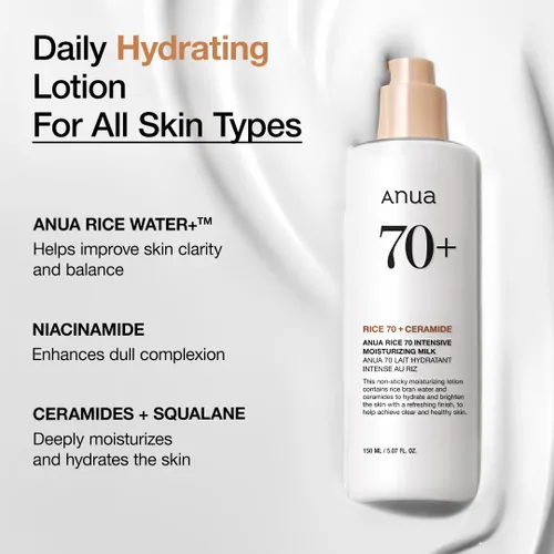 Vista 3 de ANUA Rice 70 Leche Hidratante Intensiva, Loción para Hidratación Profunda y Nutrición, Piel de Vidrio Luminosa, Agua de Arroz, Niacinamida
