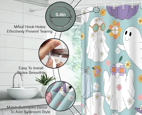 Vista 8 de Halloween Ghost Shower Curtain Spooky Cute 70s Retro Hippie Daisy Funny Bathroom Decor Curtain with Hooks,Blue White
